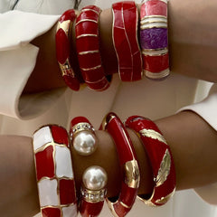Punk Red White Pearl Enamel Cuff Bracelet