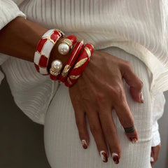 Punk Red White Pearl Enamel Cuff Bracelet