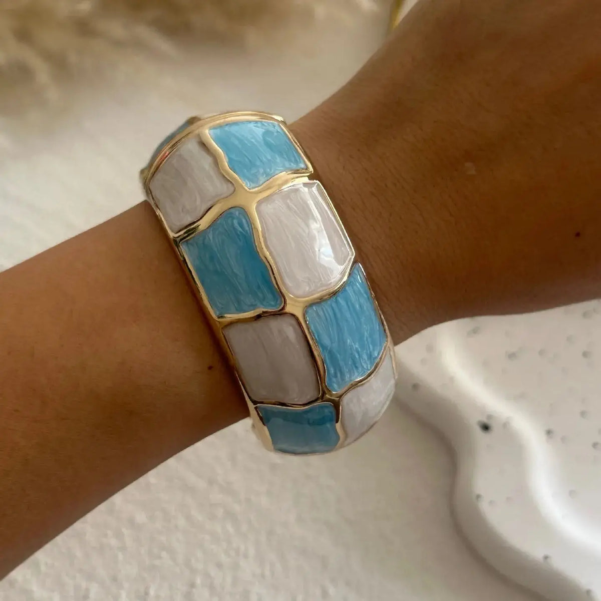 Punk Blue White Dripping Oil Enamel Cuff Bracelet