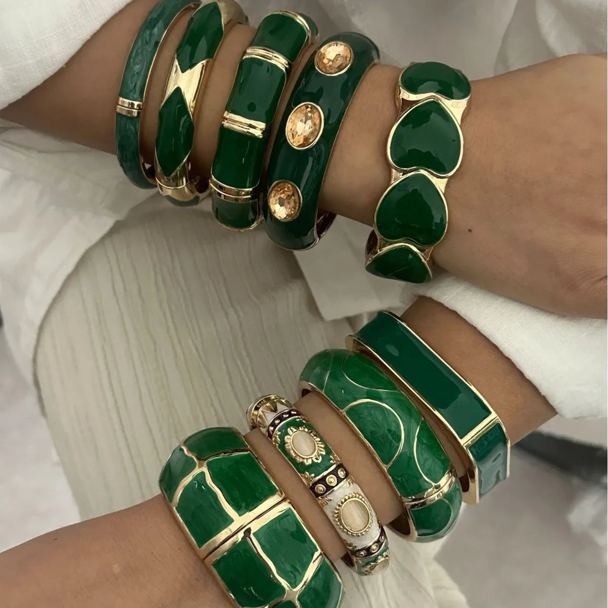 Vintage Green Drip Oil Rhinestone Cuff Bracelet