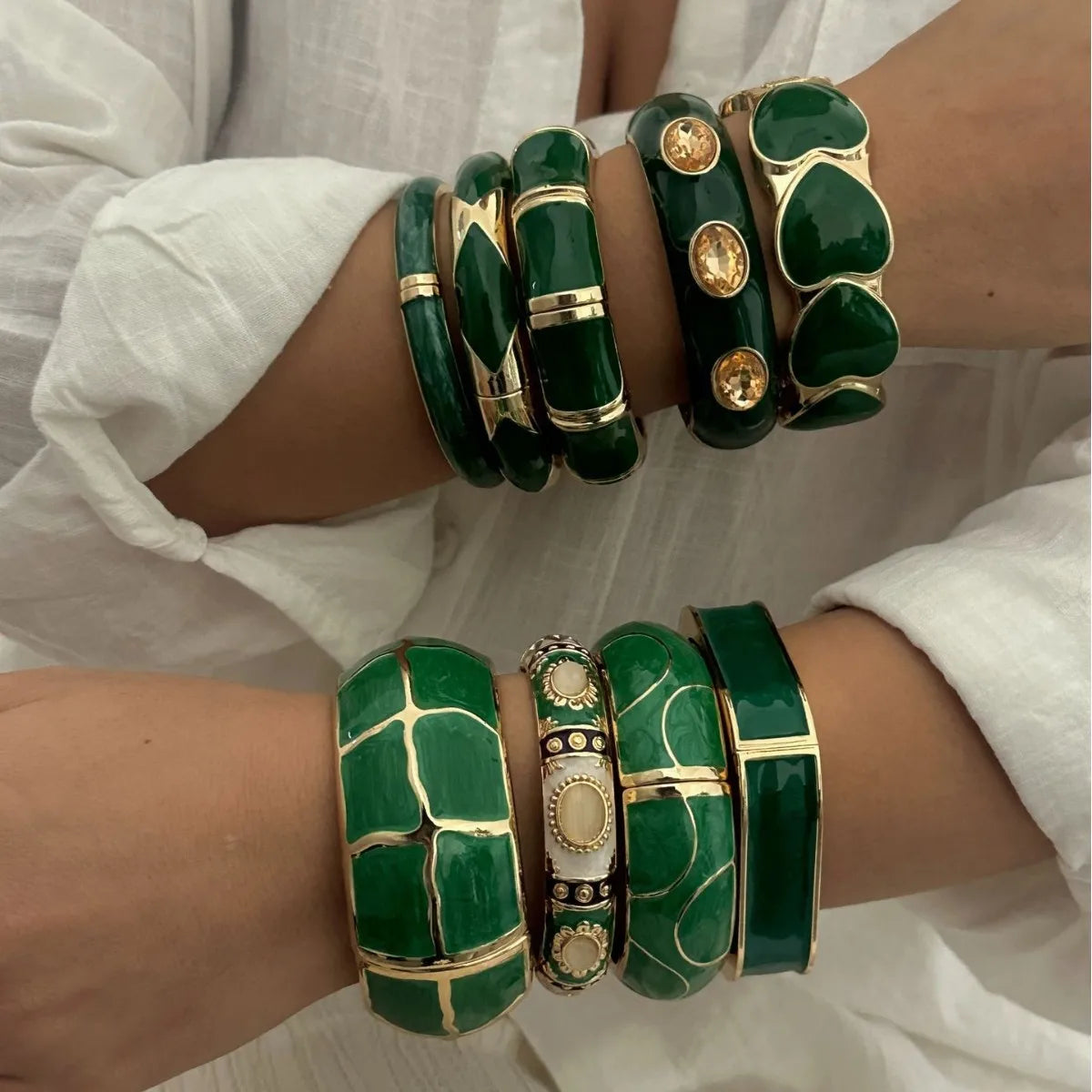 Vintage Green Drip Oil Rhinestone Cuff Bracelet