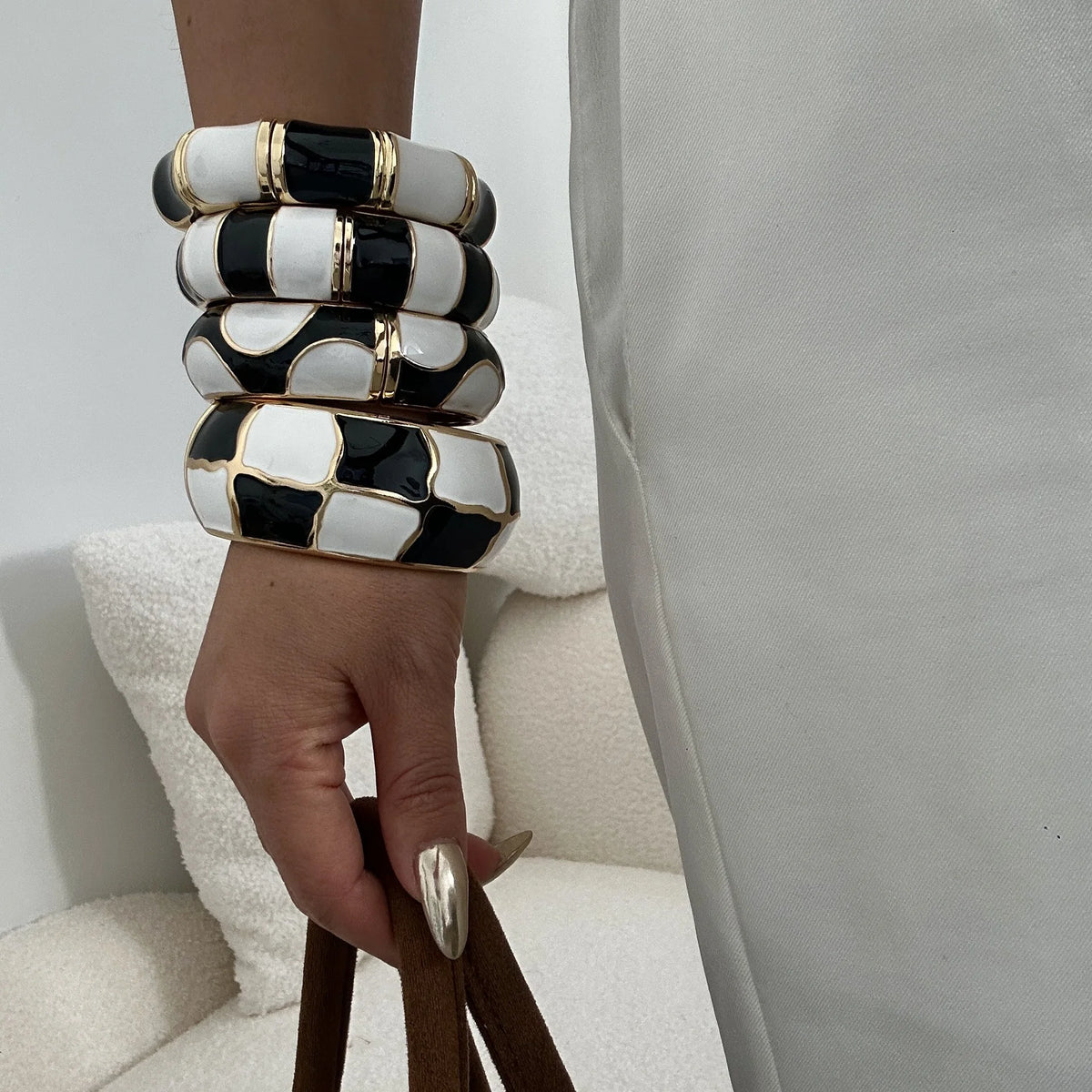 Black White Geometric Enamel Cuff Bracelets