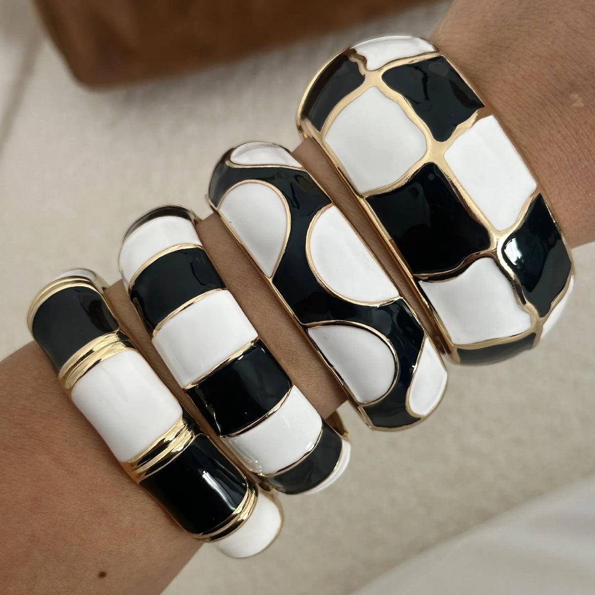 Black White Geometric Enamel Cuff Bracelets