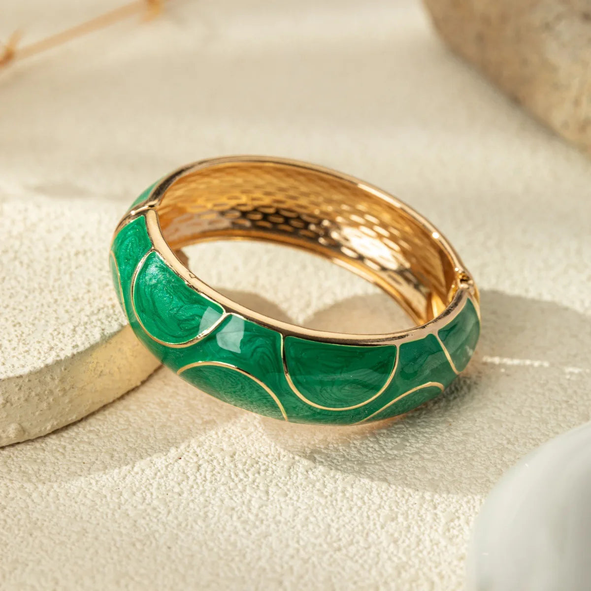 Bohemian Green Enamel Geometric Cuff Bracelet