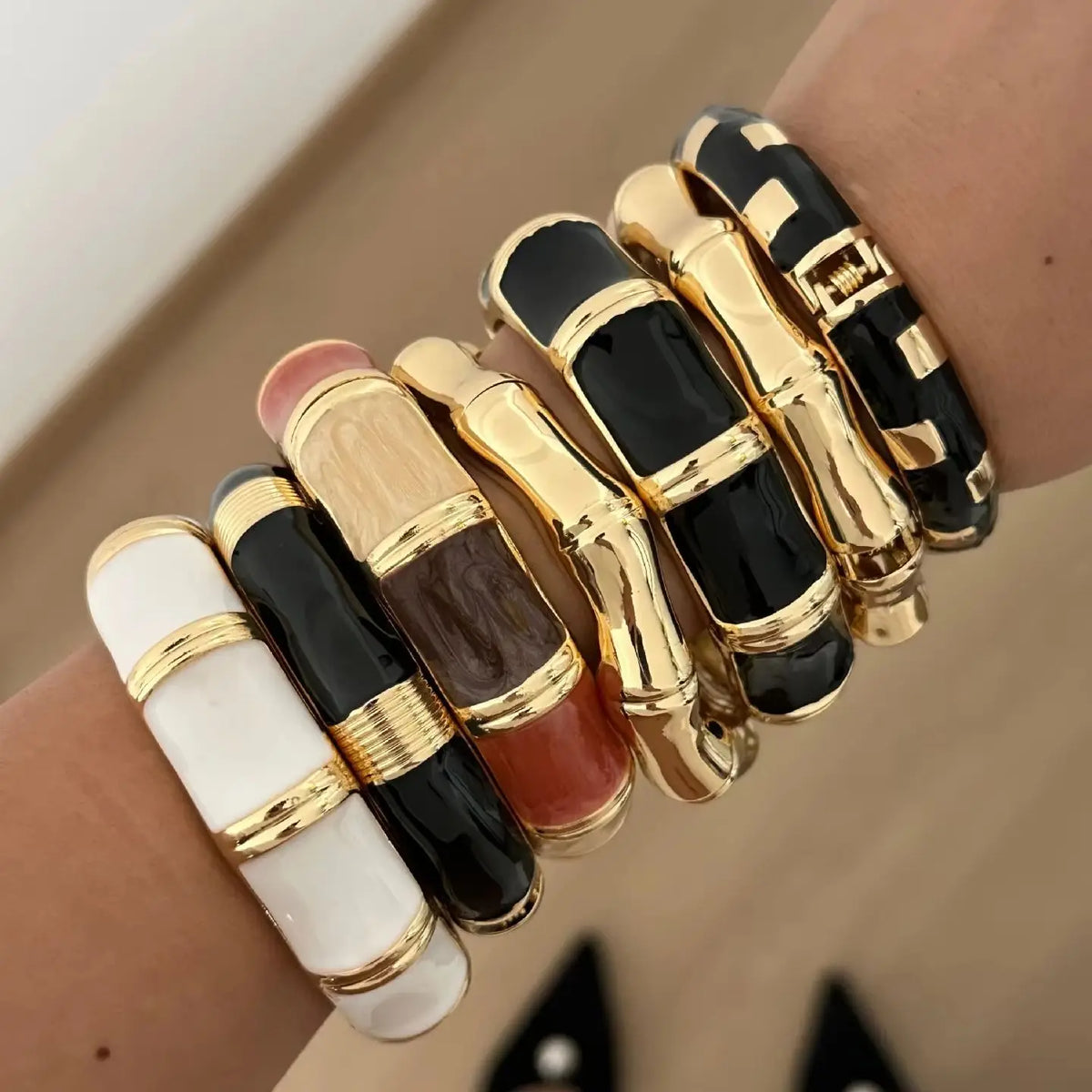 Bohemian Black White Enamel Cuff Bracelet