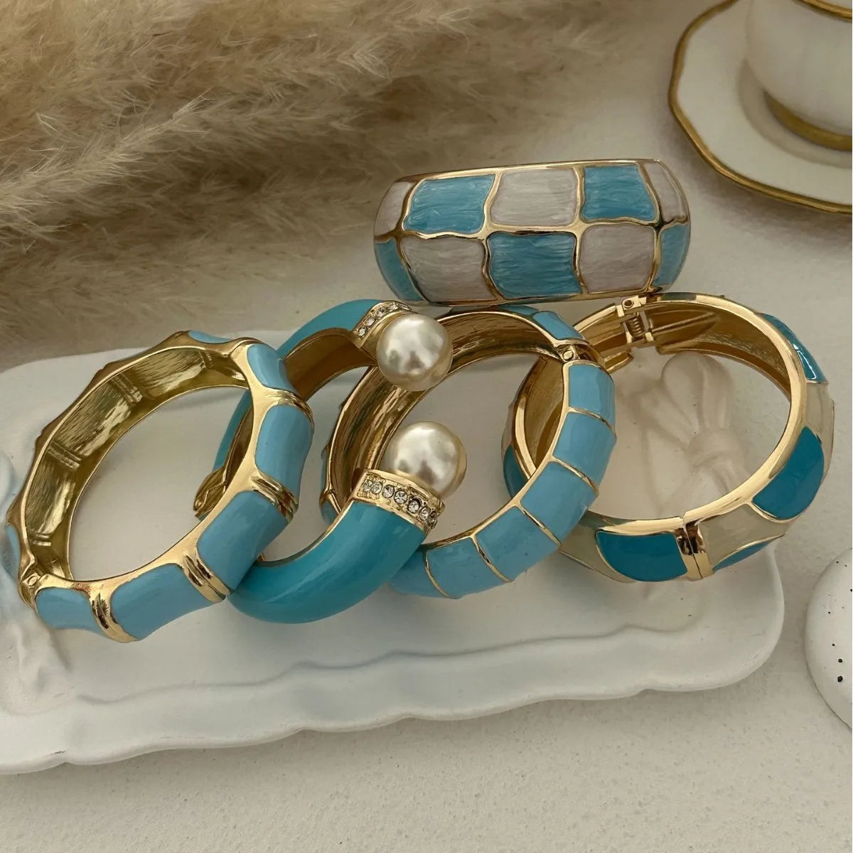 Punk Blue White Dripping Oil Enamel Cuff Bracelet