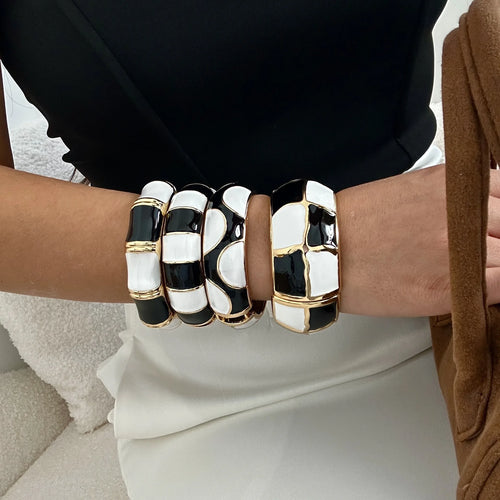 Black White Geometric Enamel Cuff Bracelets