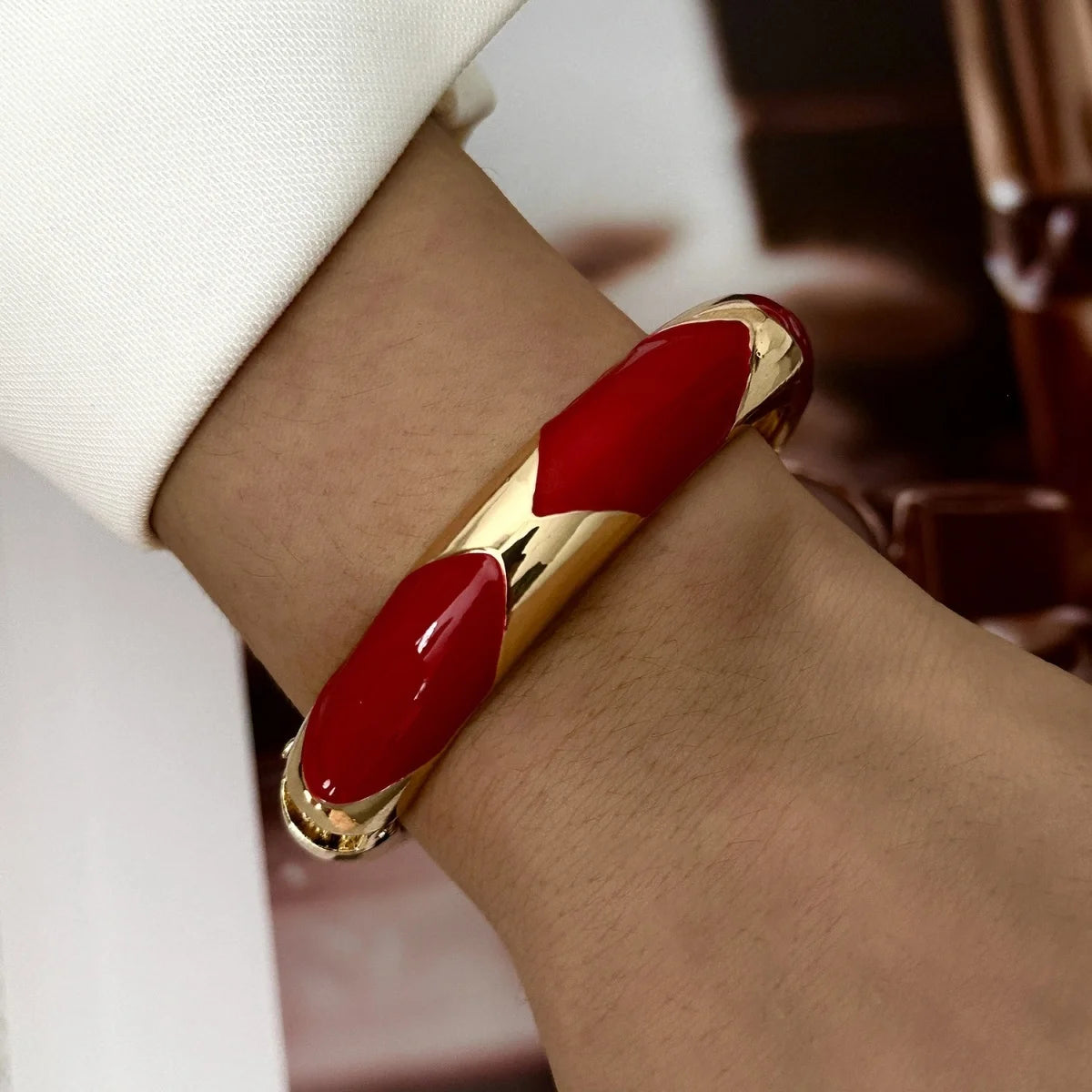 Punk Red White Pearl Enamel Cuff Bracelet