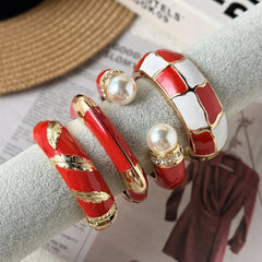 Punk Red White Pearl Enamel Cuff Bracelet