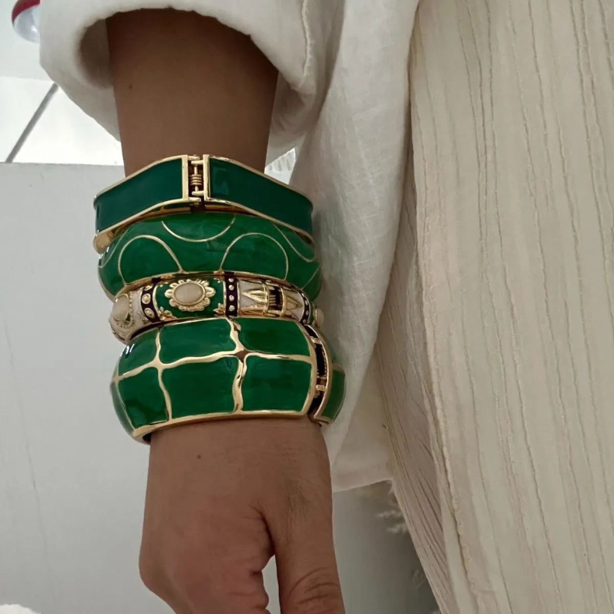 Vintage Green Drip Oil Rhinestone Cuff Bracelet