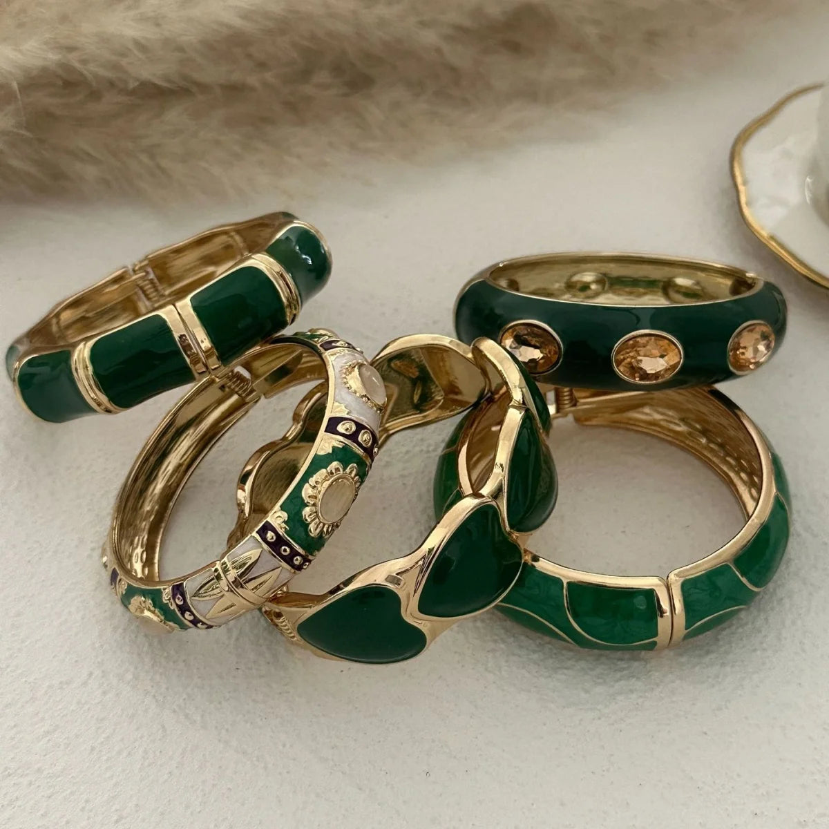 Vintage Green Drip Oil Rhinestone Cuff Bracelet