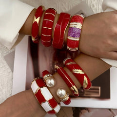 Punk Red White Pearl Enamel Cuff Bracelet